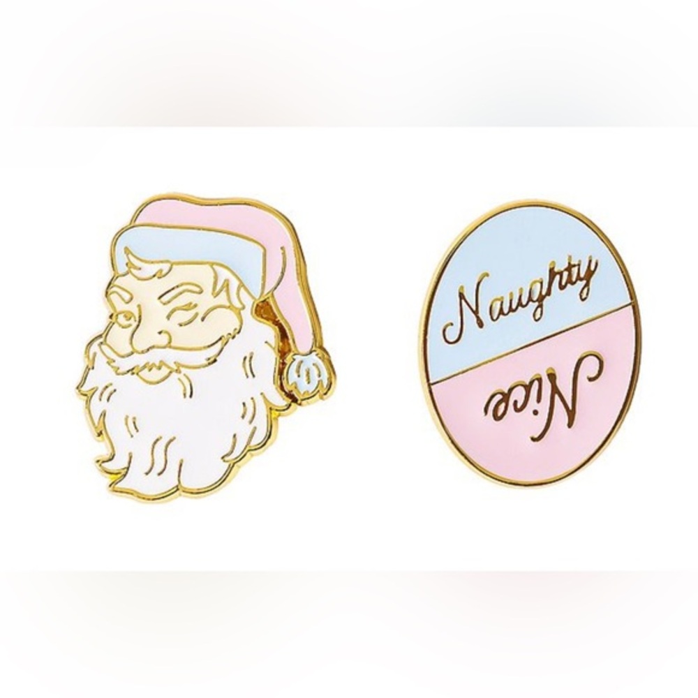 Pulsar Santa and Naughty Nice Enamel Pins Pink and Blue